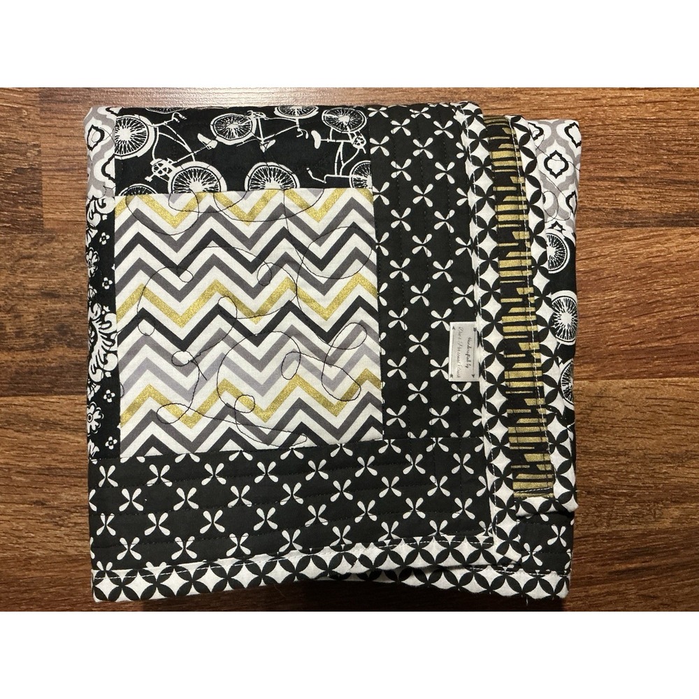 Handcrafted By Dee Black & White Patchwork Quilt 40in X 30in Bicycles & Chevron